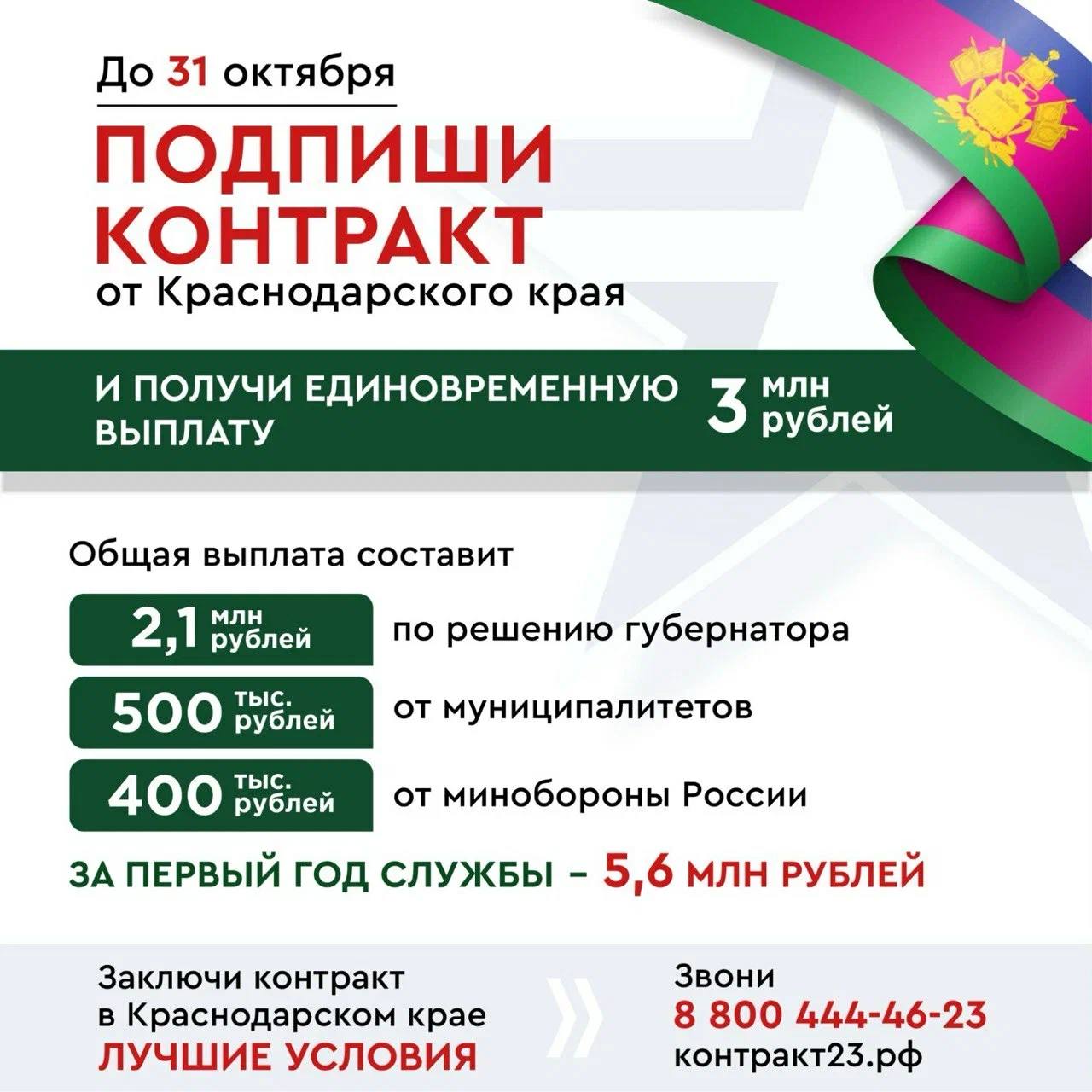 Заключившие контракт от Краснодарского края с Минобороны до 31 октября получат повышенную выплату